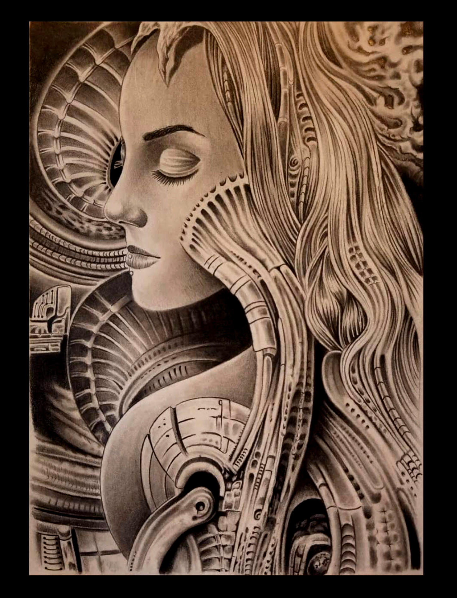 Detailed sepia drawing of a woman in profile merged into ribbed pipes and biomechanical components