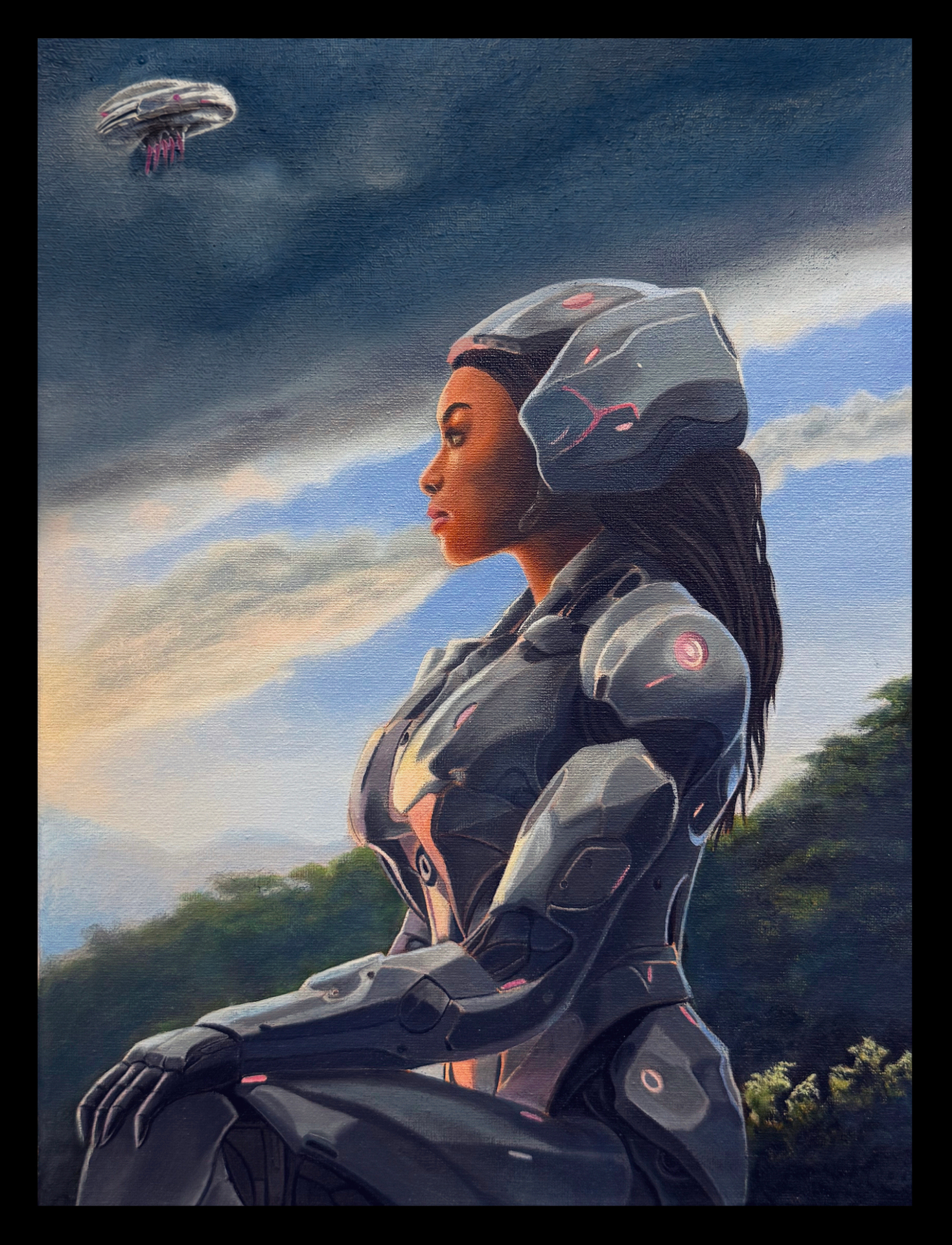Sci-fi painting of a woman in profile wearing metallic armour and a futuristic helmet under a stormy sky with a distant UFO