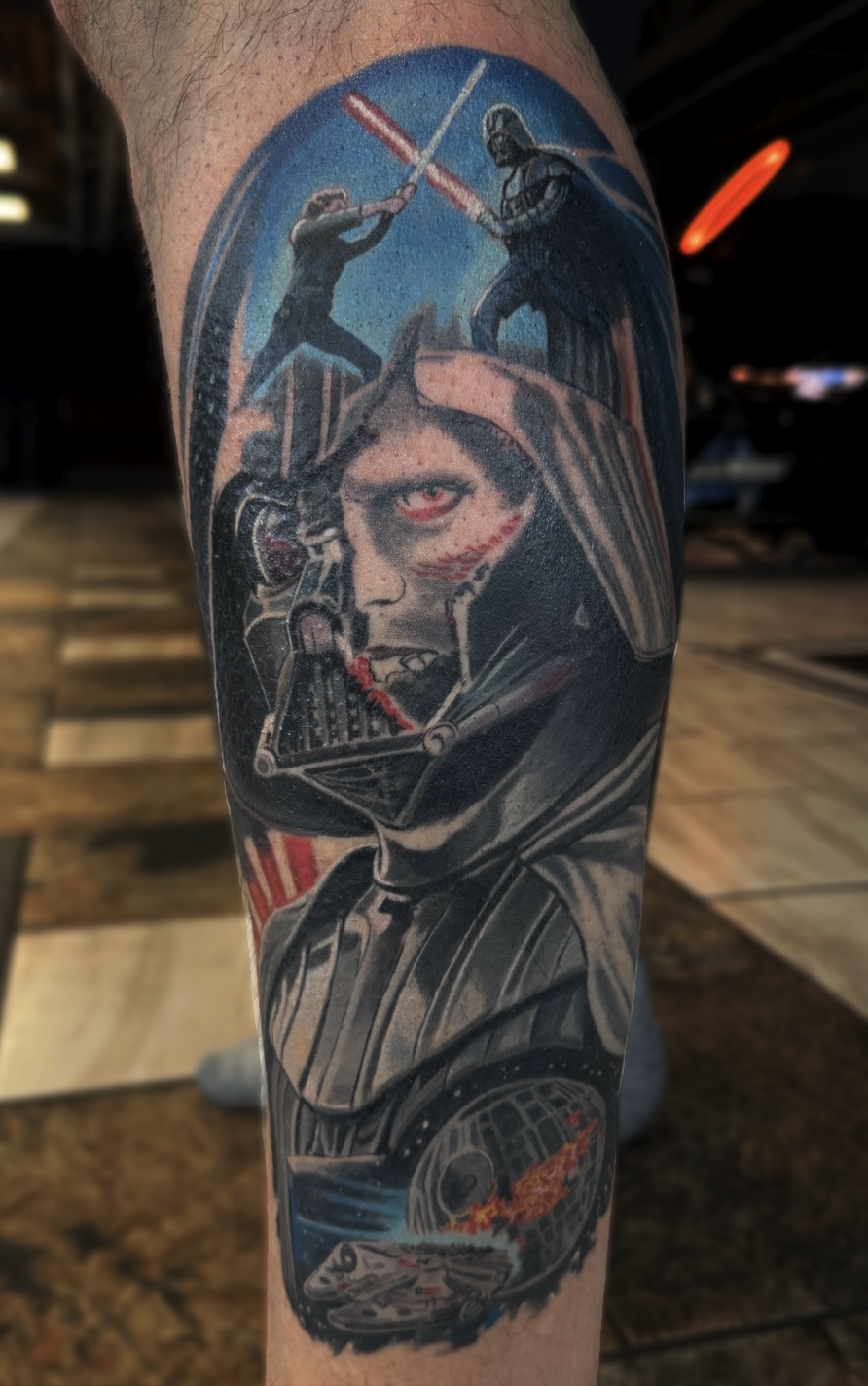 Colour Star Wars leg sleeve featuring Darth Vader, a Sith apprentice, duelling lightsabers, and the Death Star