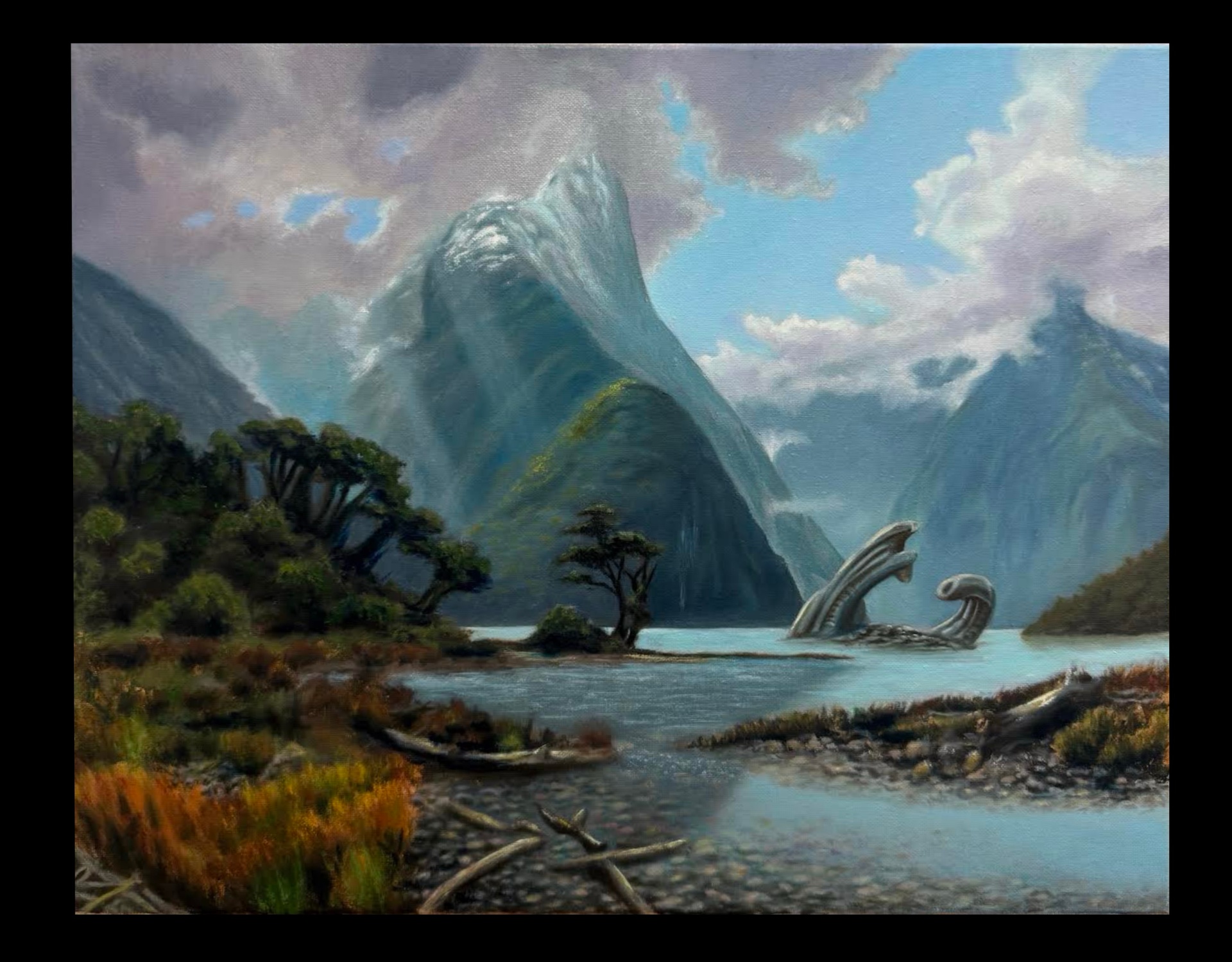 Landscape painting of a crashed circular spacecraft resting in a mountain lake with snowy peaks and golden grass