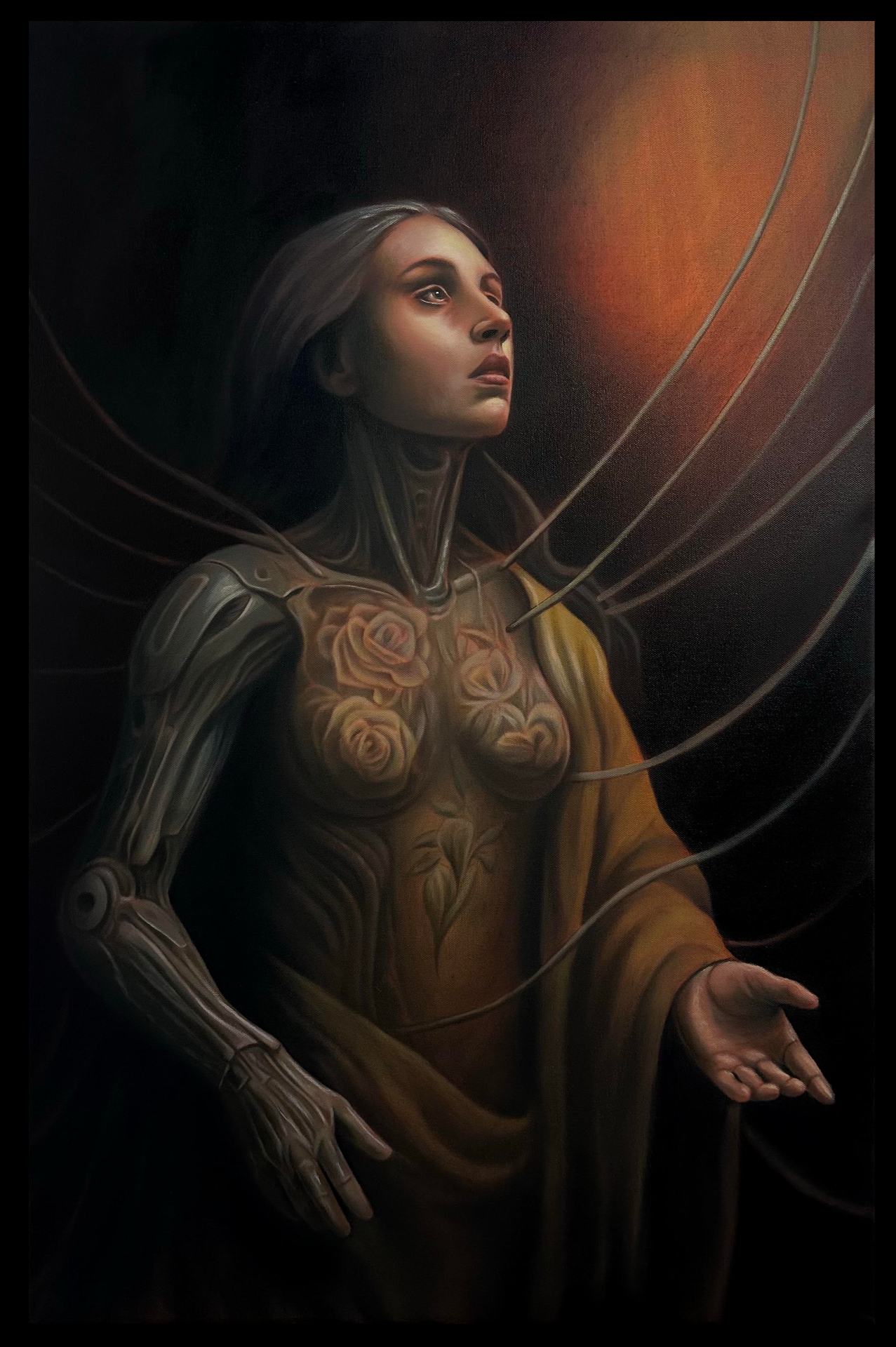 Surreal painting of a biomechanical woman with a robotic arm and floral etchings gazing toward warm amber light