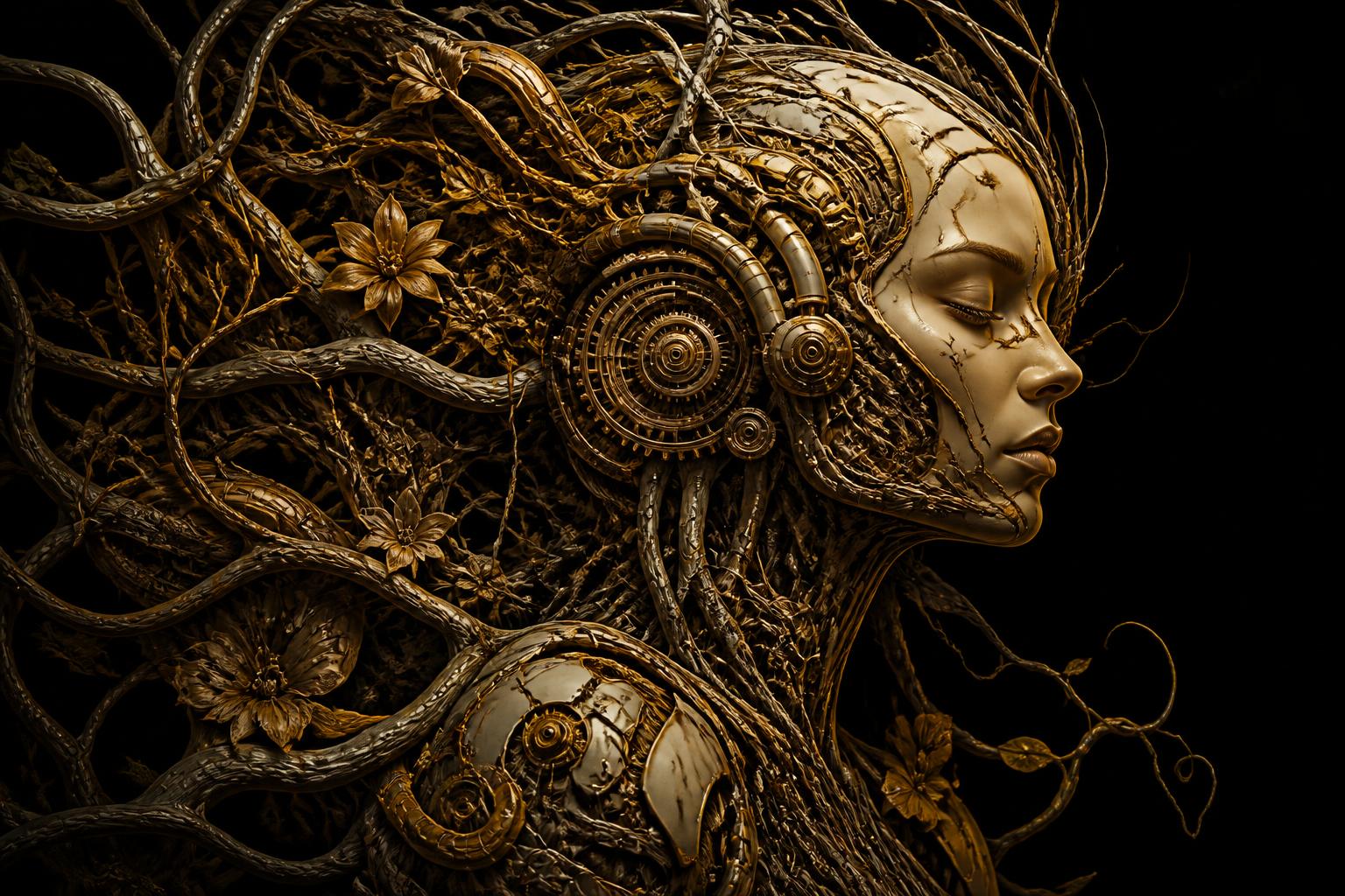 Biomechanical artwork of organic vines and roots fusing with golden gears and circuitry